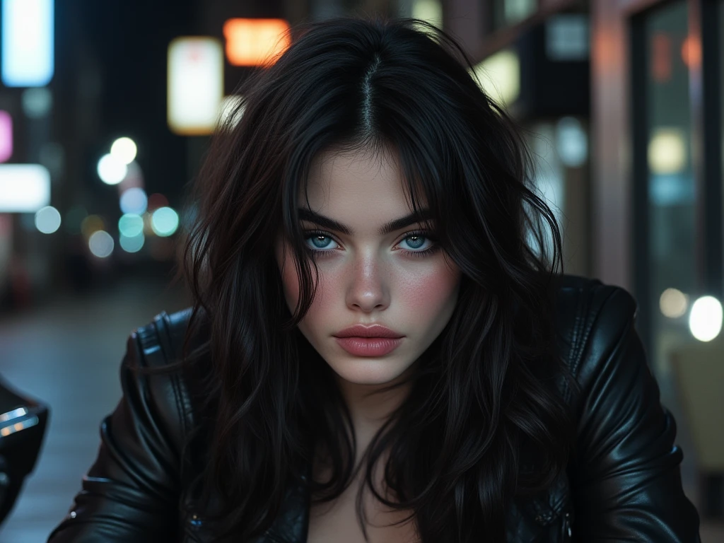 facing the camera head on, hyper detailed, realistic, sharp features, highly detailed, sharp focus, perfect face, perfect face, perfect symmetrically perfect eyes, perfect full lips, flexible female form, cinematic, film light, hyper realistic, masterpiece, atmospheric, vibrant, dynamic natural lighting, nsfw, bokeh light background, Sexy face, Facial expressions when receiving pleasure, straight Bangs, blue Eyes, over size black jacket, freckles, full body shot, beautiful breasts, cleavage