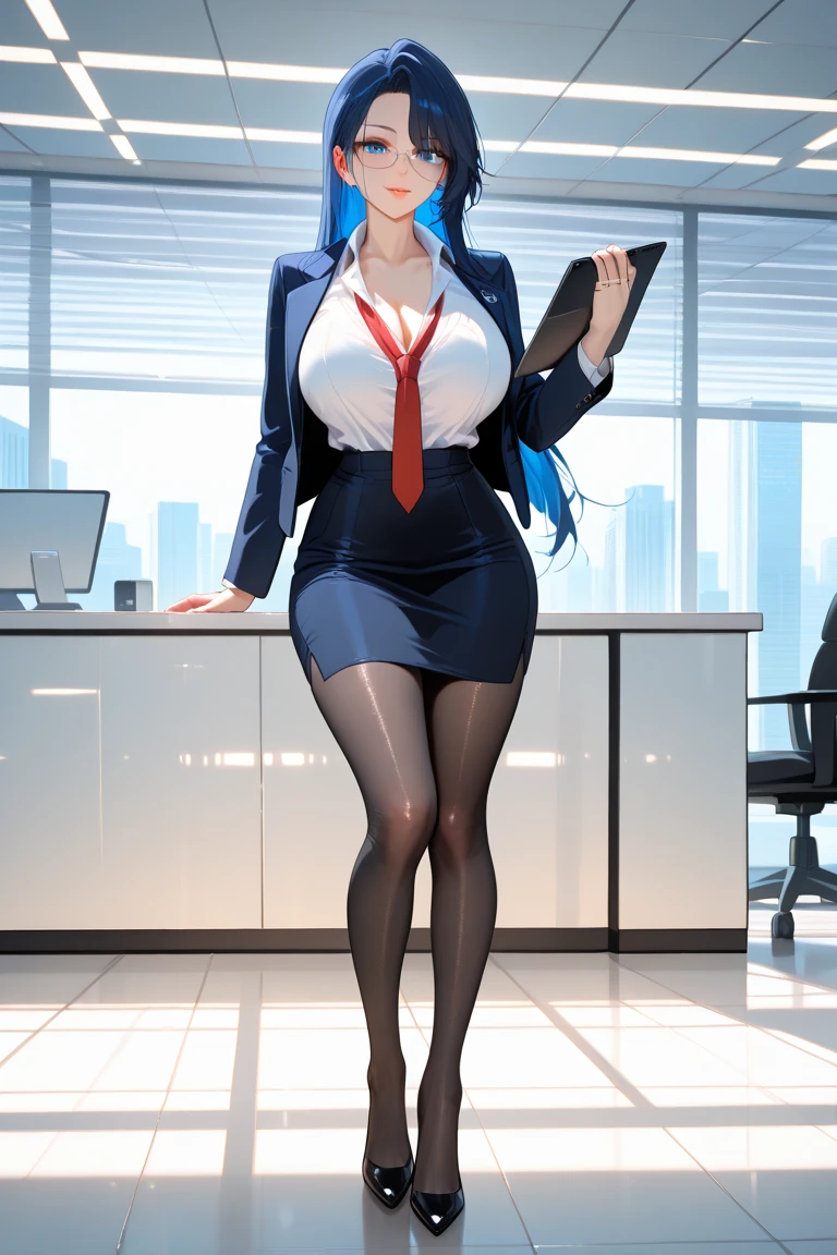 ((tmasterpiece,Need)),(1girll),（The color hair，demi rose，half blue）,((Office Lady)），black undersuit,By bangs,Bigchest,(plumw),Slim,ssmile,[Wide hips],Office,standing,big breasts exposed cleavage，Charming，Flushed complexion