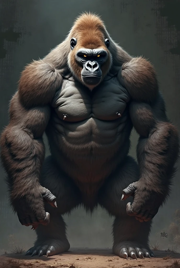 Angry, hairy gorilla beating his chest with his fist, fully body