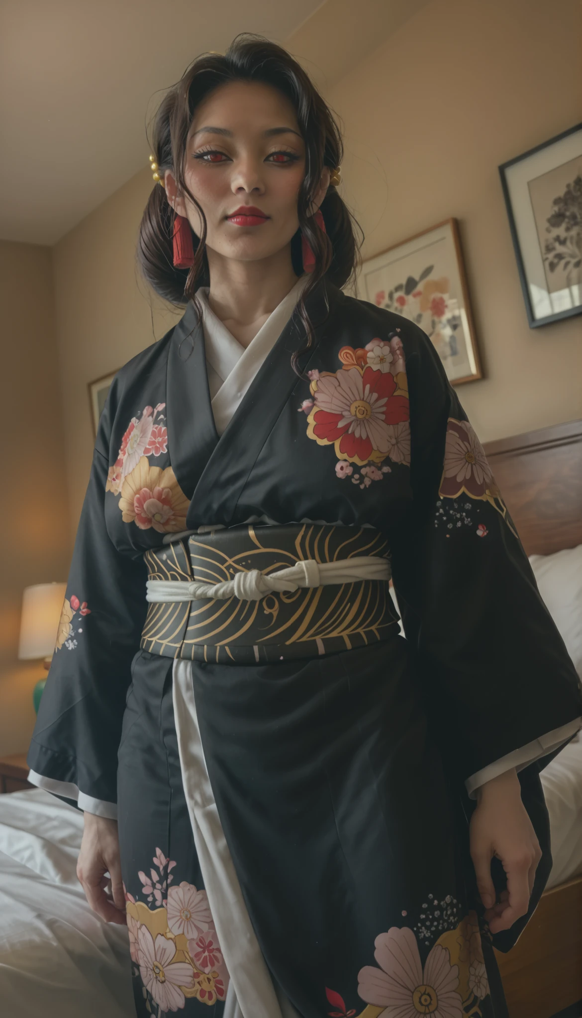 score_9, score_8_up, score_7_up, source_anime,
muzankibutsuji,
muzan kibutsuji, black hair, hair ornament, red eyes, red lips,
japanese clothes, wide sleeves, kimono, sash, obi, floral print, black kimono,
indoors, bed, bed room, on side, blush, drunk,
solo, dutch angle, looking at viewer, cowboy shot,, big breasts, thick muscular thighs, wide curvy hips, from below, dynamic angle
