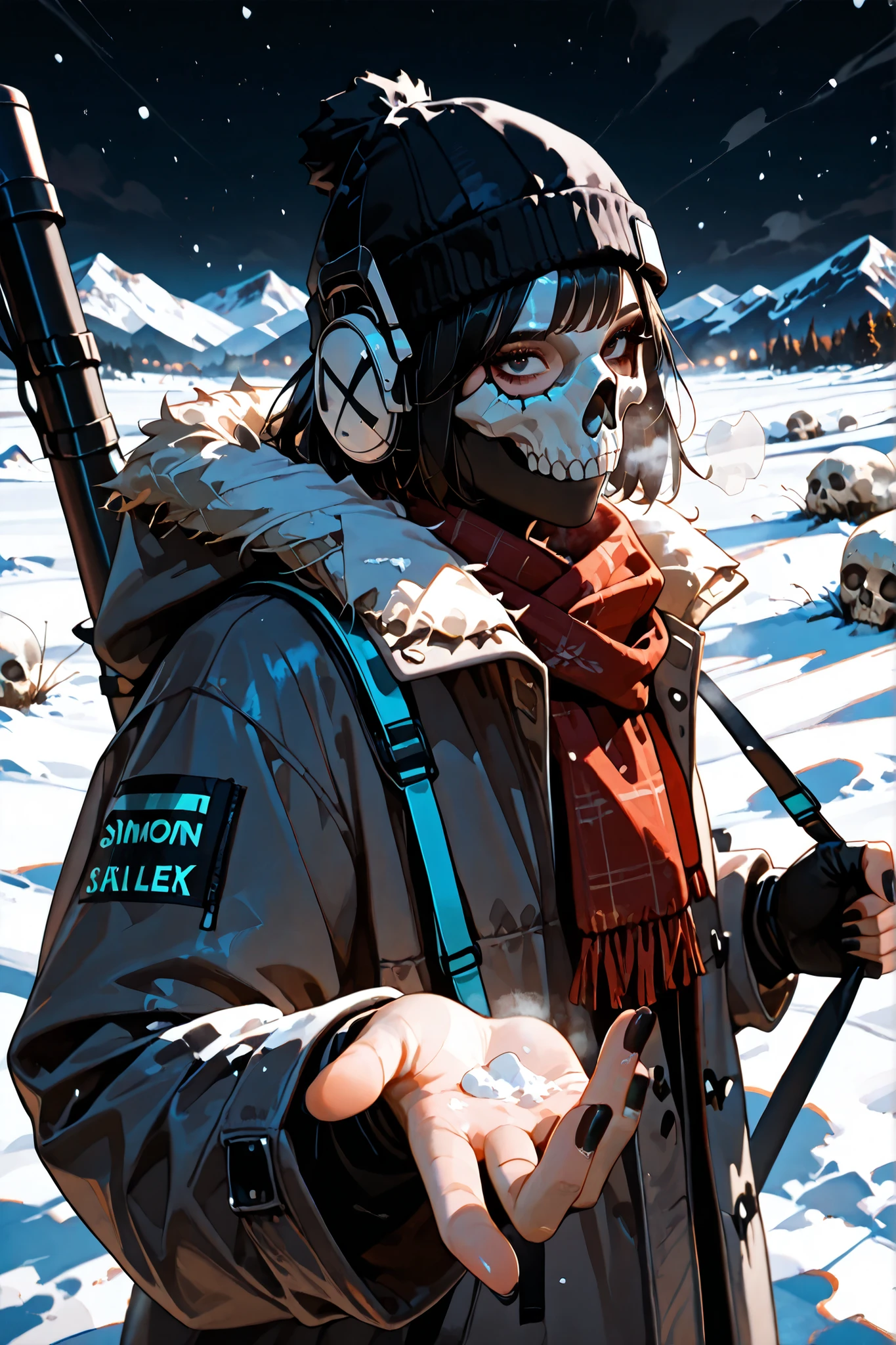 (SuperQuality:1.0) ~ (SuperQuality:1.2), detailxl, girl, Solo, High Resolution, Best Quality, High Details, Super Detailed, mountain, (simon_riley), ((skull_mask)), fur coat, scarf, gloves, short hair, black hair, long nails, black nails, looking at viewer, snow, night, beautiful eyes, breath, dark sky, beanie, wind headphones, hiking pole, view from above, hiking,