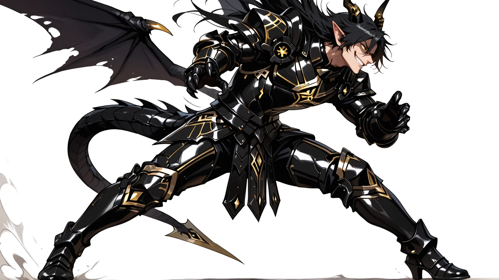 score_9, score_8_up, score_7_up, absurdres, 128K Ultra High Resolution, (masterpiece, best quality: 1. 5), high definition, highres, 8K wallpaper, CG, (((Anime))), (1 male), solo, lean body, (masculine), (floating in the air), weredragon, japanese anime style, glossy black, shiny black leather, ((beautiful golden eyes, finely detailed eyes, bright eyes, vertical iris)), hair between eyes, black hair, long hair, sideburns, wild hair, unkempt hair, (sly grin, smirk, evil smile), teeth, confident, ((ultra detailed face)), shiny skin, long pointy ears, twisted torso, long-legged, sculpted face, wasp waist, dragon horn, dragon tail, dragon wings, dragon sharp claws, (black armor with a lot of grandiose decorations), half dragon half human, dramatic angle, (dynamic pose, combat pose: 1. 5), ((ultra detailed black armor)), black armor with gold accent, all black outfit, full body, emphasize face, focused expression, sharp focus, good-looking man, well-polished black armor, (best illustration), cinematic, dramatic lighting, (intricate detail, extreme detailed, super detailed: 1. 5), ((highly detailed artwork)), dramatic shadows, tenebrism, wonderful pose, chiseled features, stark contrast, heavy shadows, detailed black decorations, beautiful and aesthetic, photoreal, from side, (mysteriously crafted black metal armor: 1. 5), sparkling accessories, thick and luxuriant hair, ((ultra detailed fantasy black armor)), dressed in black, broad shoulder, true-to-life visuals, artistically refined, dramatic contrasts, ((extremely delicate and beautiful armor, elaborate armor details)), ((dark armor, stylized armor)), exquisite goldwork, wonderful black armor, armor with intricate engravings, ((armor-type high heels)), ((detailed shoulder armor with intricate engravings, gold accent black armor)), very gorgeous and dazzling, ((dark fantasy black knight)), slim waistlines, wide chested, sinewy body, (((Hyper Detailed & Perfectly Designed Black Armor))), (simple white background), windy