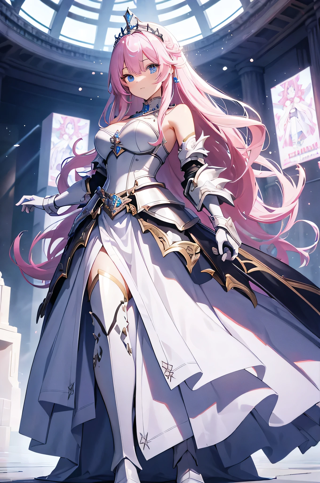((masterpiece,best quality)),(negative space:1.4),(1girl, solo:1.4),beautiful detailed eyes,floating pastel pink hair, breasts,long hair, long white stockings, white gloves, ancient ruins, columns, greek architecture,