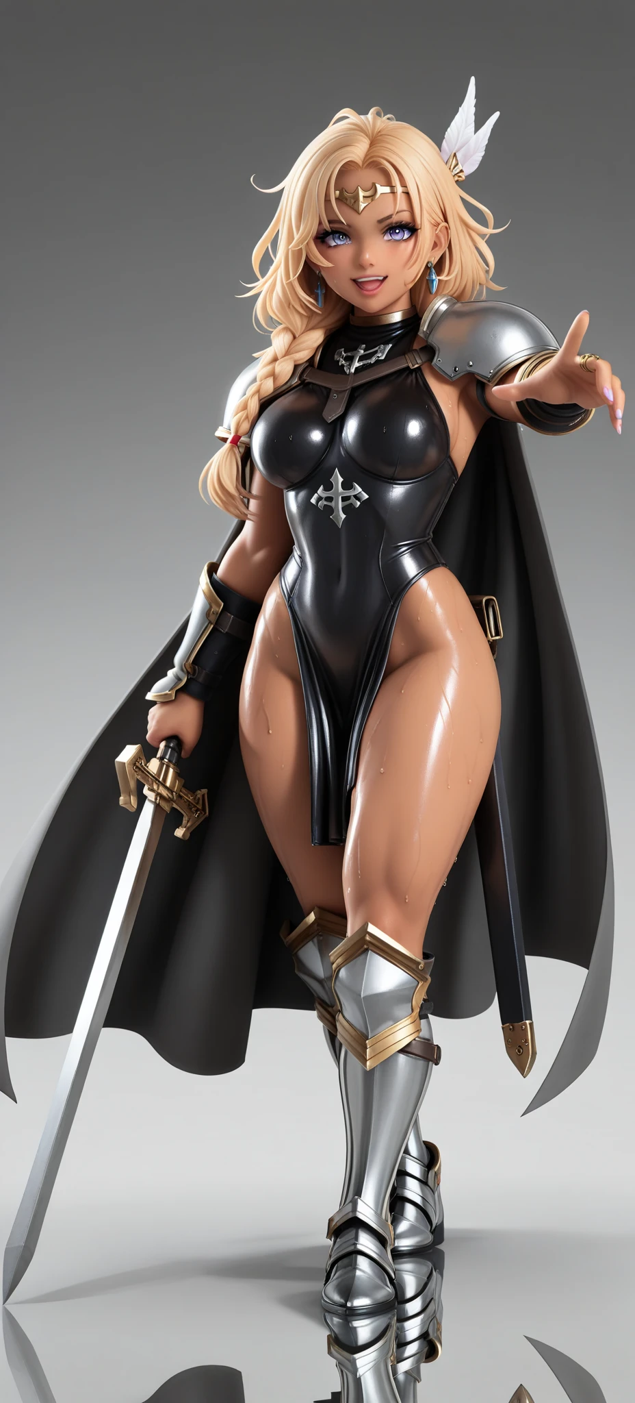 Sexy Hermaphrodite, Plump, pursed lips, freckles, Long curly black and yellow hair with bangs, Crystal blue eyes with smoky eyeshadow and black eyeliner, Black semi-matt lipstick, Dark Skin, A frivolous, proud smile, ,Full body image、Background white、Stiletto heel thigh-high boots