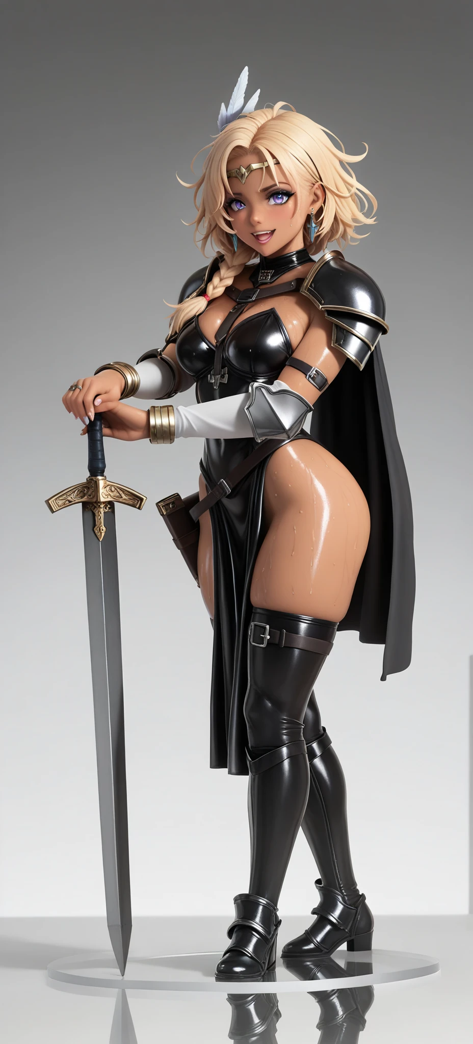 Jessa Rhodes face, woman, bobcut, blondehair, ((black skin:1.4)), adorned in medieval armor, twerking, metal muscles, emanating a medieval elegance and marvel, armor pump boots, chrome bra, chrome silver tiara, small armband, (shoulder armor), gauntlets, ((armored bikini:1.4)), sword, shield, exposed midriff, (puffy lips:1.3), detailed eyes, ((slendered abs:1.2)),((gigantic breasts:1.1)), wide hips, (puffy lips:1.5), slender abs,rim lighting, side light, (((cinematic light))), ultra high definition, 8k, film grain,best shadow, light particles, detailed skin texture, detailed gem armor texture, detailed face, intricate details, super detailed, bright, spiked heel boots