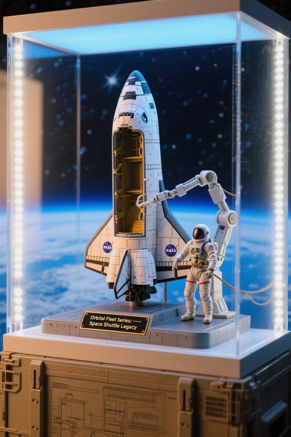 highly detailed scale model figure of the Apollo Lunar Module (LM) as the central focus, with extended landing legs, gold foil texture, antennas, thrusters, and open hatch, accurately sculpted with authentic mission markings

a small astronaut figure in A7L suit stands beside the lander for scale, saluting the American flag planted in the lunar soil, footprints and equipment such as the lunar camera and experiment packages placed around the module

the display base is a realistic textured lunar surface with crater details, enclosed in a transparent acrylic case with soft cold white LED lighting simulating moonlight, Earth printed faintly on a backdrop sky

base plaque reads: “APOLLO 11 – First Lunar Landing 1969”, boxed in a retro NASA-themed collector’s package with technical blueprints and vintage typography