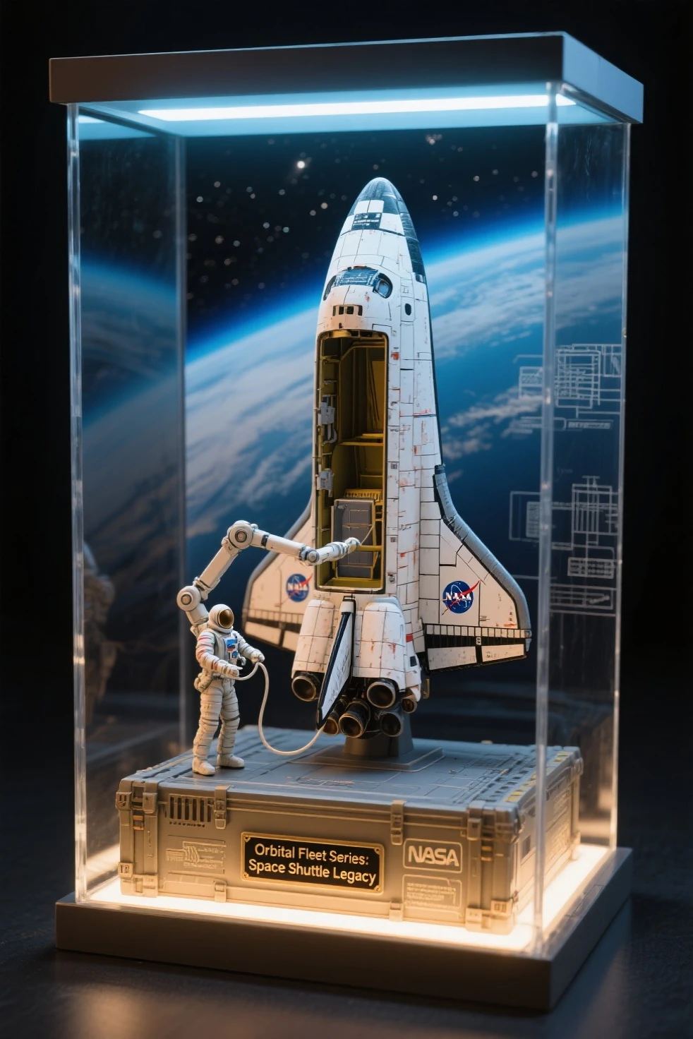 highly detailed scale model figure of the Apollo Lunar Module (LM) as the central focus, with extended landing legs, gold foil texture, antennas, thrusters, and open hatch, accurately sculpted with authentic mission markings

a small astronaut figure in A7L suit stands beside the lander for scale, saluting the American flag planted in the lunar soil, footprints and equipment such as the lunar camera and experiment packages placed around the module

the display base is a realistic textured lunar surface with crater details, enclosed in a transparent acrylic case with soft cold white LED lighting simulating moonlight, Earth printed faintly on a backdrop sky

base plaque reads: “APOLLO 11 – First Lunar Landing 1969”, boxed in a retro NASA-themed collector’s package with technical blueprints and vintage typography