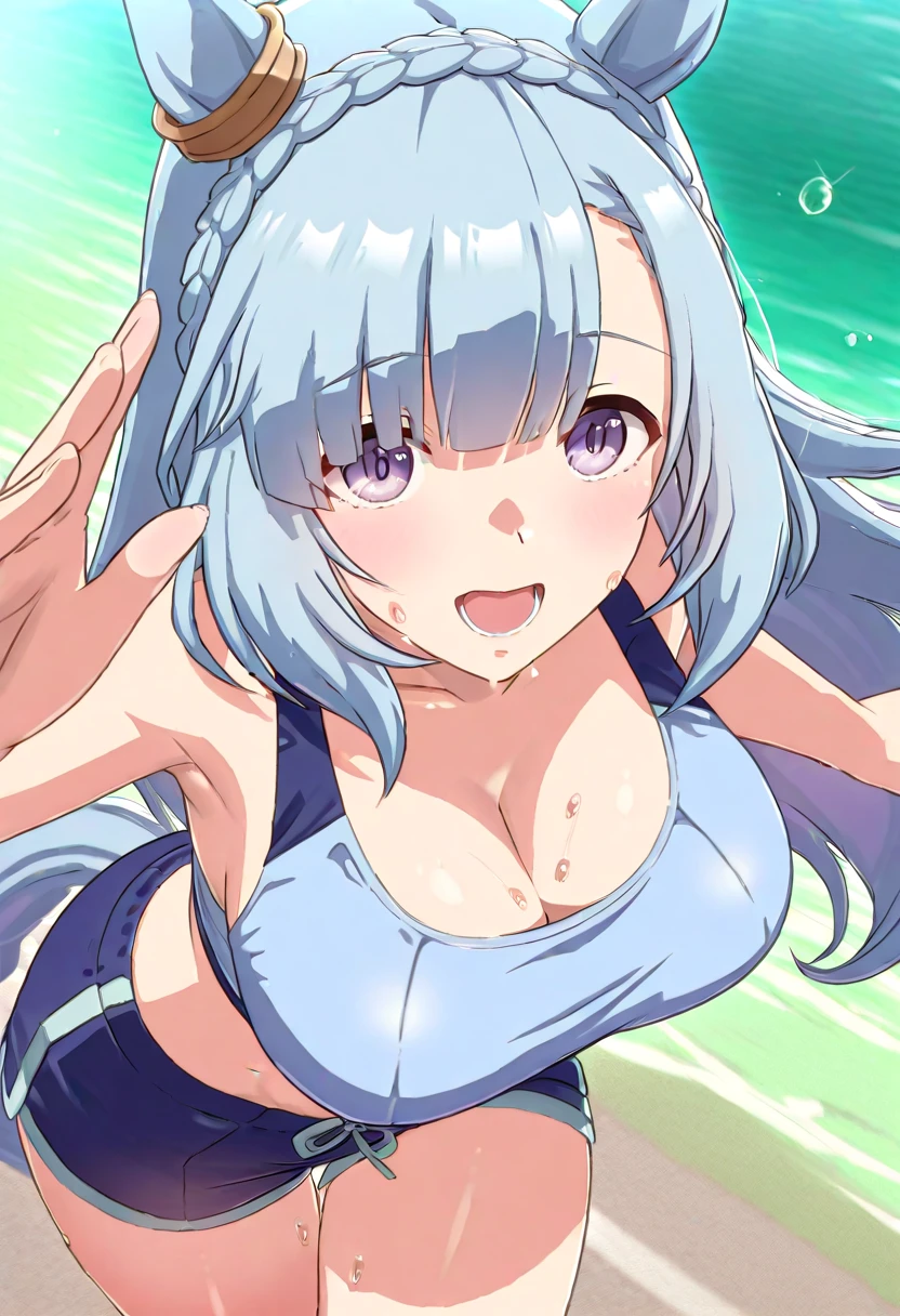 Aqua, 1girl,standing,posing,cowboy shot, ((nude:1.2)), hair rings, hair ornament, perfect quality, good quality, masterpiece, HDR, UHD,view from above,((light smile:1.1)),outdoors,sand beach,ocean water,((cum on face:1.2))