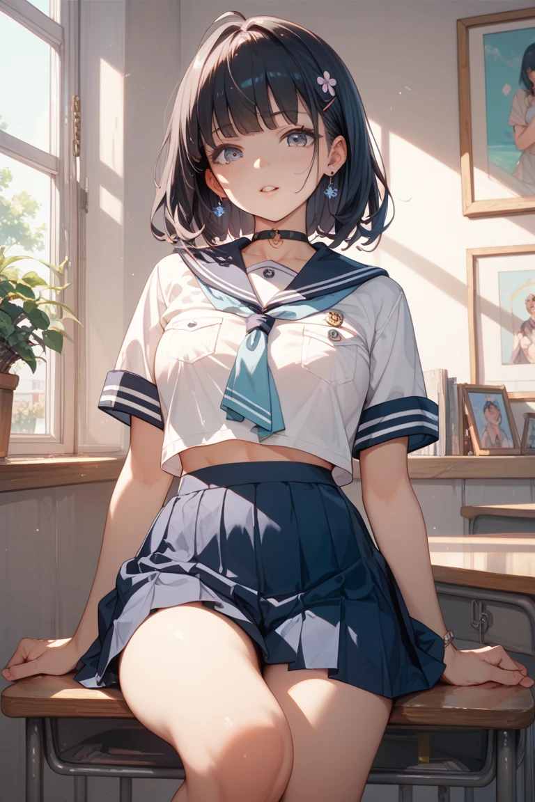masterpiece,Top image quality,hight resolution,imagem 4k,Raw photo,Photorealsitic,{Solo},White and light blue striped panties,Mini skirt,Schoolgirl dark blue uniform,Ahegao,short-hair,Full Back Panties、Beautiful and perfect legs, Clean and perfect hands