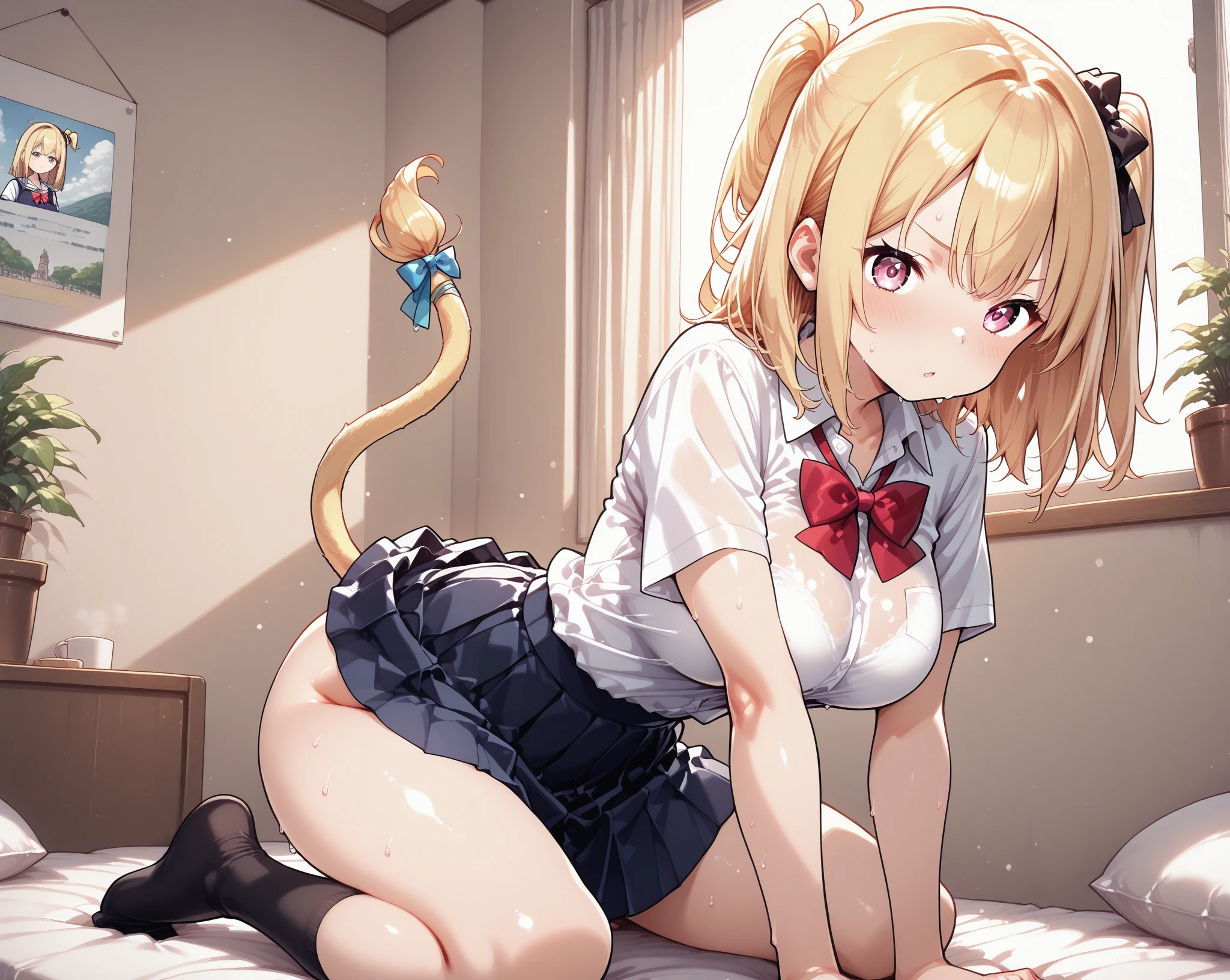 (extremely detailed CG), (best quality), 1girl, perfect face, absurdly long hair, bright pupils, (finely detailed beautiful eyes), shiny skin, lustrous skin, wide hips, narrow waist, <lora:LionKemono-04:0.8> LionKemono, 1girl, , skirt, large breasts, brown hair, shirt, thighhighs, yellow eyes, white shirt, short sleeves, pleated skirt, necktie,furr collar, paw pose, all fours, angry, tail, muscular female, biceps, forest background