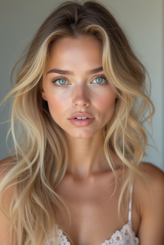 woman in matching blouse and panties, Sexy girl with blue eyes, Retrato Sophie Mudd, portrait of corinna kopf, blonde hair and large eyes, selfie of a young woman, Augen in the bedroom, violet myers, Ahne makeup, Make-up natural, looking directly at the camera, guy with artgram, subtle make-up, Stunning full body photo, in the bedroom, neckleace