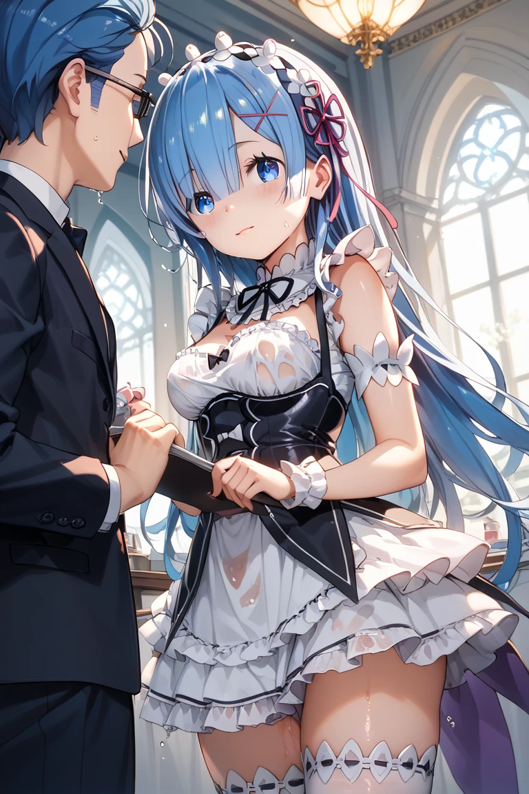 NSFW,One girl,hoshimachi suisei,blue eyes,Blue Hair,choker,Hair between the eyes,Medium Hair,Side Ponytail,スターchoker,Small breasts,(Wedding dress:1.5),Off the shoulder,garter belt,Church at night,(Perfect hands),(Perfect Anatomy),(masterpiece),(highest quality),Embarrassed,blush,In heat,(One man:1.5)
