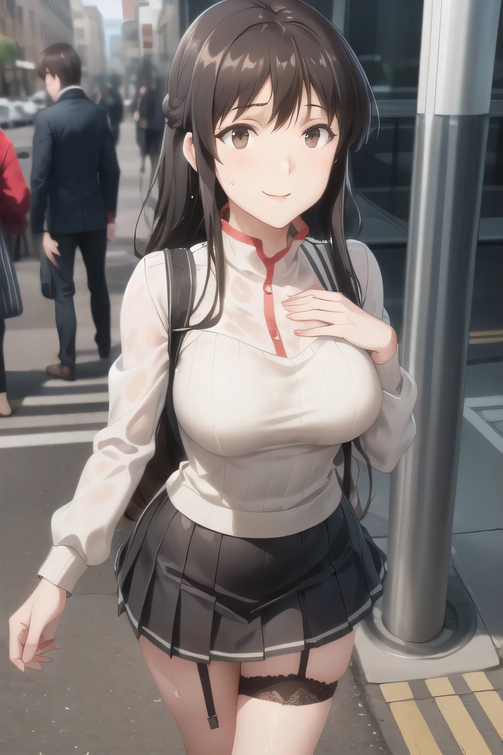 black long haired woman，nice smile，The face is absolutely necessary，Accurate representation of hands and legs，，My Nipples Are Sharp、My Areolas Can Be Seen Through，My whole body is wet in heavy rain，Black wool sweater without sleeves，Hide your chest with a costume，High Socks on My Feet，accurate representation of hands and feet，wearing miniskirt police uniform， ，nice smile，Beautiful Legs,wearing long socks with a garter belt，，nice smile，A face is absolutely necessary，Pleated Mini Skirt，Can you draw a woman staring at a train  ，walking alone，                  city tour                  ,，（（（, I wear casual clothes inspired by tourists））），   ,（Let's draw a more delicate look），（sleeveless wool sweater），（ Pleated Legs，white panties），（That work is enough for one person ）、 ,    Attractive 20 Year Old Woman ,     , ,   Big breasts, Thin Waist ， ,   ，Faces are very important，The animated CG，