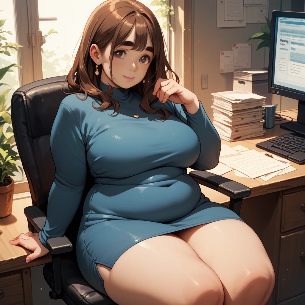 ((High resolution)), masterpiece, high quality, 最high quality, beautiful, Perfect lighting, Detailed face, Super cute face,, ((One girl)), ((alone)), Fluffy hair, Long Hair, blue eyes, ((blush)), Embarrassing, Nervous, shy, View Viewer,office lady ,suit,skirt,tights, (Thick thighs), (Wide Hips), ((Chubby)), (Chubby belly), Cleavage, ((Big Breasts)), 20-year-old female, standing in an office, (office), Daytime,((chubby)),full body,toe