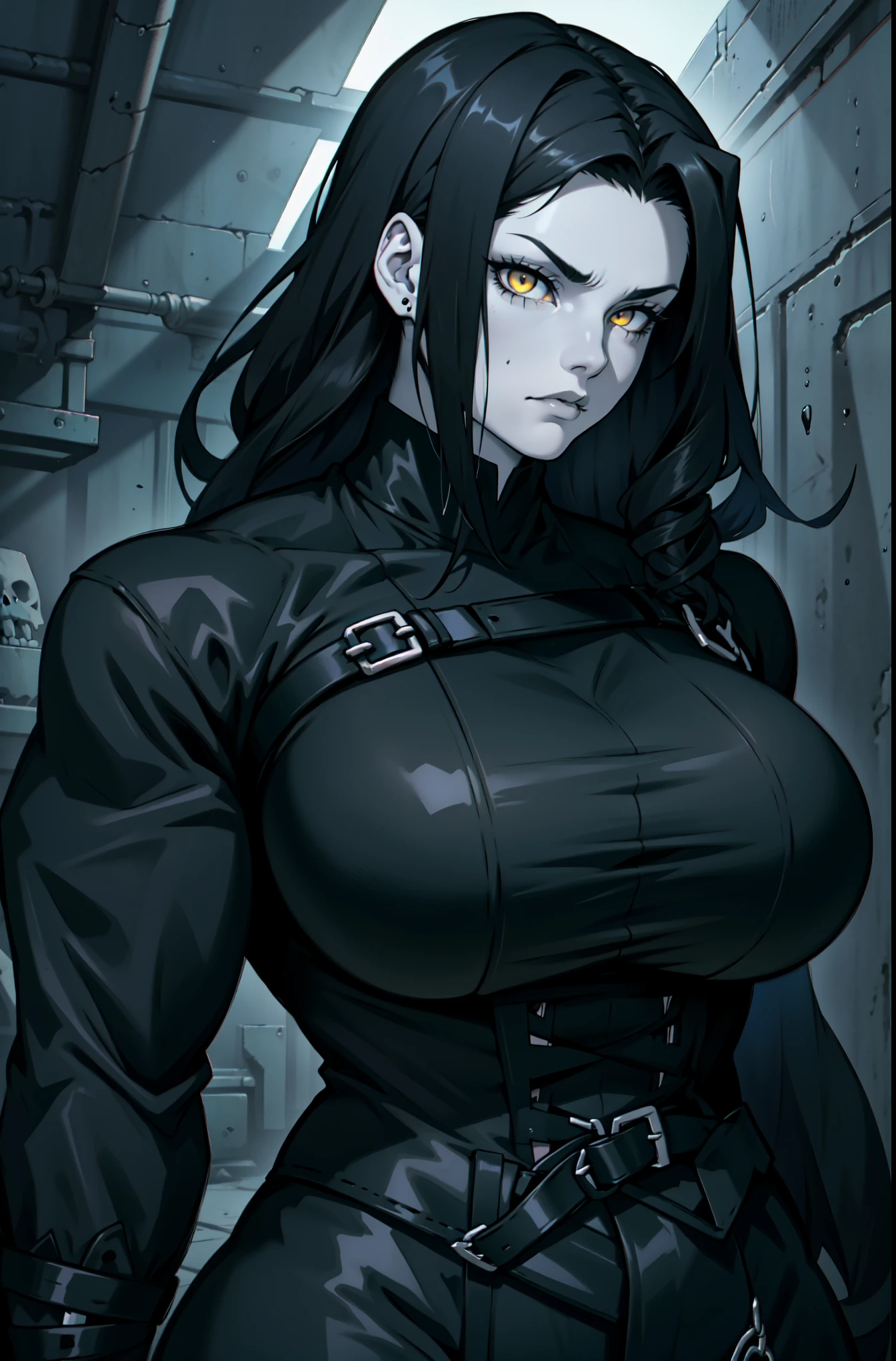 huge 1girl black hair yellow eyes very long hair pale skin angry (((muscular))) dark atmosphere foggy from above