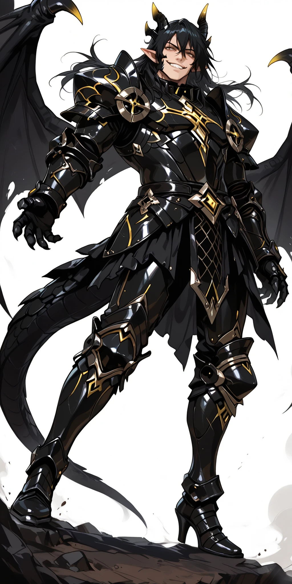 score_9, score_8_up, score_7_up, absurdres, 128K Ultra High Resolution, (masterpiece, best quality: 1. 5), high definition, highres, 8K wallpaper, CG, (((Anime))), (1 male), solo, lean body, (masculine), (floating in the air), weredragon, japanese anime style, glossy black, shiny black leather, ((beautiful golden eyes, finely detailed eyes, bright eyes, vertical iris)), hair between eyes, black hair, long hair, sideburns, wild hair, unkempt hair, (sly grin, smirk, evil smile), teeth, confident, ((ultra detailed face)), shiny skin, long pointy ears, twisted torso, long-legged, sculpted face, wasp waist, dragon horn, dragon tail, dragon wings, dragon sharp claws, (black armor with a lot of grandiose decorations), half dragon half human, dramatic angle, (dynamic pose, combat pose: 1. 5), ((ultra detailed black armor)), black armor with gold accent, all black outfit, full body, emphasize face, focused expression, sharp focus, good-looking man, well-polished black armor, (best illustration), cinematic, dramatic lighting, (intricate detail, extreme detailed, super detailed: 1. 5), ((highly detailed artwork)), dramatic shadows, tenebrism, wonderful pose, chiseled features, stark contrast, heavy shadows, detailed black decorations, beautiful and aesthetic, photoreal, from side, (mysteriously crafted black metal armor: 1. 5), sparkling accessories, thick and luxuriant hair, ((ultra detailed fantasy black armor)), dressed in black, broad shoulder, true-to-life visuals, artistically refined, dramatic contrasts, ((extremely delicate and beautiful armor, elaborate armor details)), ((dark armor, stylized armor)), exquisite goldwork, wonderful black armor, armor with intricate engravings, ((armor-type high heels)), ((detailed shoulder armor with intricate engravings, gold accent black armor)), very gorgeous and dazzling, ((dark fantasy black knight)), slim waistlines, wide chested, sinewy body, (((Hyper Detailed & Perfectly Designed Black Armor))), (simple white background), windy