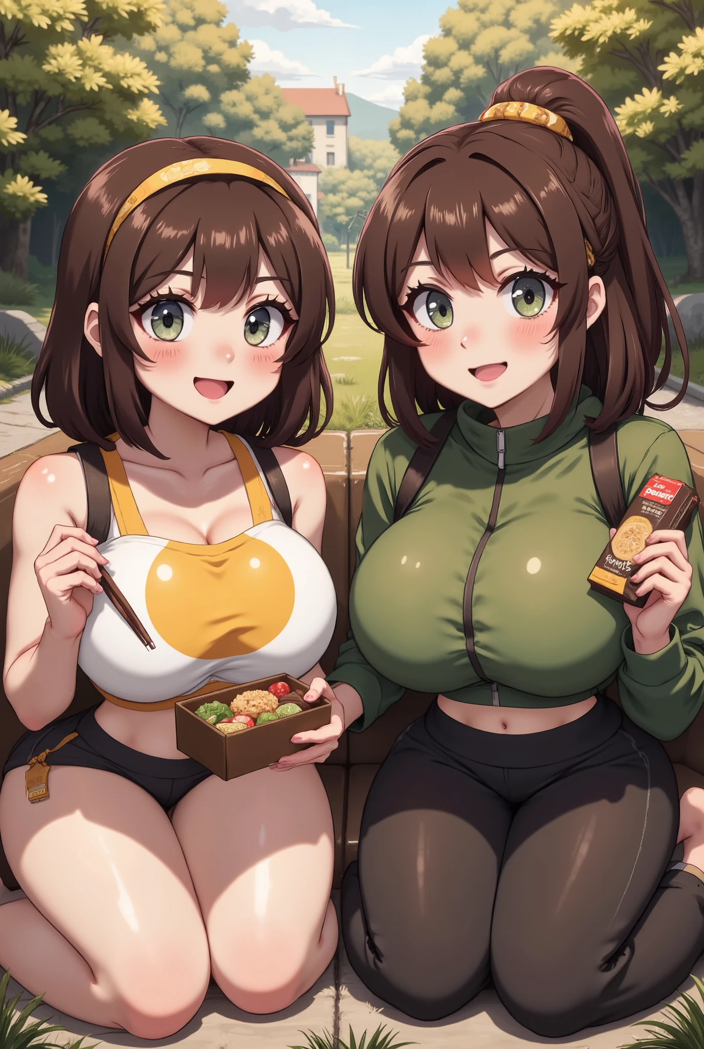 (masterpiece), 2girls, best quality, expressive eyes, perfect face, tomboy, medium breasts, orange hair, hair buns, blue eyes BREAK mature female, large breasts, brown hair, braid, purple eyes BREAK completely nude, nipples, pubic hair, picnic, picnic basket, apples, cherries, sitting on carpet, smirk, grass, blue sky