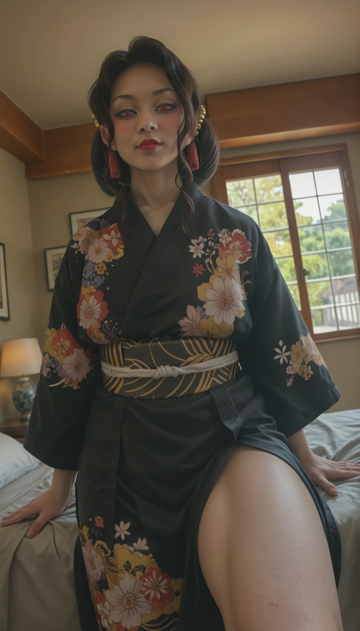 8k masterpiece, 1girl, 2, hair in a loose braid, asian girl, (highly detailed face), highly detailed skin, small breasts, perfect hips, wide hips, round ass, highly detailed skin, slut, anal dildo, sitting on dildo, background: messy bedroom, cinematic lighting, dark lighting, movie still, view from front, (kimono, japanese sandals, high heels, geisha, oiran), (((standing))), em pé, 