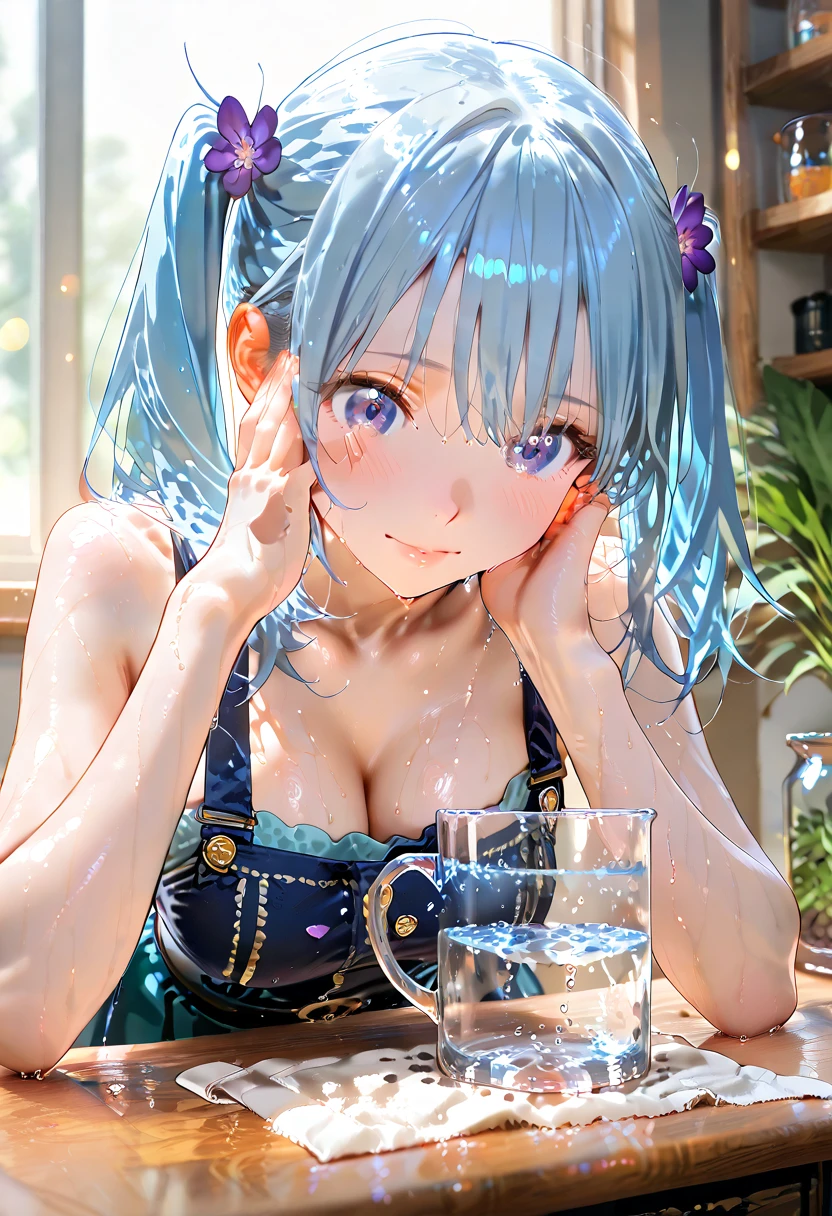 hoshimachi suisei,blue eyes,blue hair,choker,hair between eyes,medium hair,side ponytail,スターchoker,1 girl,highest quality, High resolution,(thin and beautiful eyes:1.6),(perfect hands, perfect anatomy),(((masterpiece))),((highest quality)),shyness,troubled face,excited,I'm in heat,blush,whole body,high quality white lingerie,cleavage,thin waist,bath