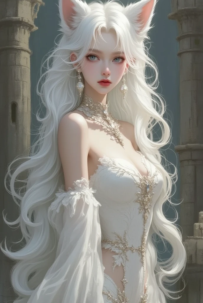 From above, ((Best Quality)), ((Masterpiece)), (Details), 1girl, she was wearing a revealing white dress. The dress, exposing the shoulders and navel, fit the body snugly and beautifully emphasized its curves. Her skin was white like ivory and soft and smooth to the touch. Her branded hair was straight and shiny pale. Her long hair ran down her back, making her figure look even more beautiful. Her eyes are large and deep indigo. Her lips were colored with cherry-colored lipstick and were plump and bulging. Her figure is somewhat mysterious and looks at the viewer. She was in a minimalist, simple and stark white room. Her face was beautifully trimmed and her eyes and nose were clear. The big black eyes were attractive with a deep and subtle glow. Her hair was long and lustrous, and her flowing beauty further enhanced her charm. Her mouth was small, and her well-formed lips were shining brightly. Her skin was smooth and very beautiful, almost silky. Her breasts and buttocks were large, and her thin waist was beautiful with its supple lines. , (large breasts, huge breasts, huge breasts, big breasts), long drooping, long drooping, abs