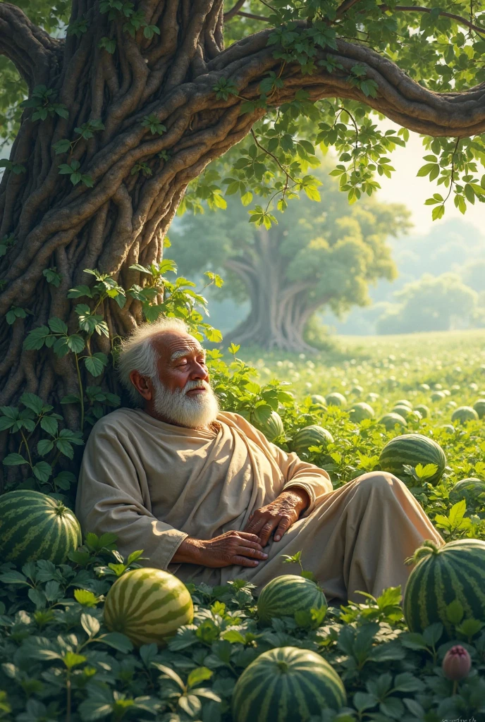 The man was lying under a banyan tree and guarding the watermelon garden