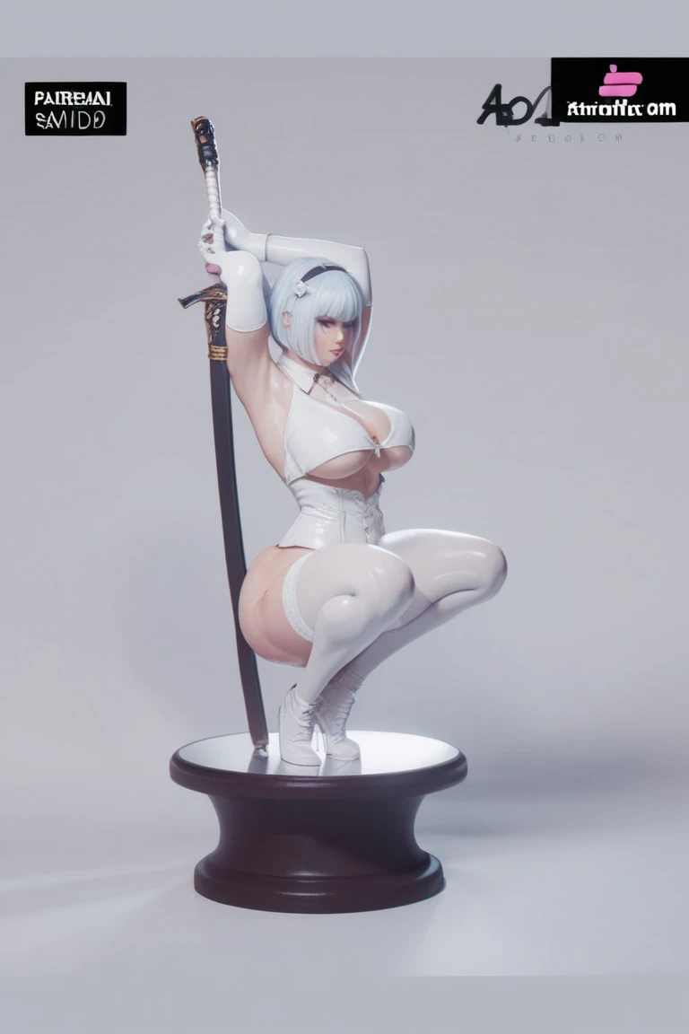 Lady with a katana on a round base, depicted as a 3 d render, modeled in poser, pinup pose, photoshoot poses, Sit on a solid wooden round table, 3D cartoon rendering, 3d statue!!!, A seductive pose, Black high-grade silk clothing, elaborate faces, Full of defiant expressions, Hold the hilt of the sword in your right hand, The scabbard is placed on the table, Holding a pipe in his left hand
