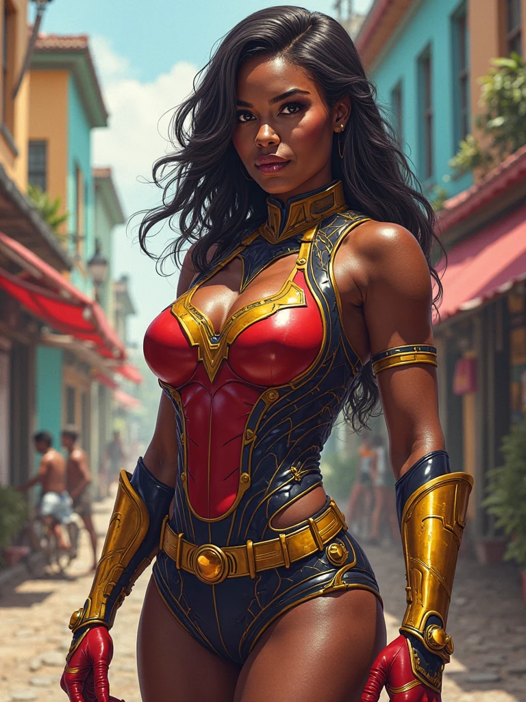 Yara Flor, dark-skinned girl, long black hair, golden tiara, black and gold leotard, armored chest piece, gold boots, fantasy, comic, (best quality, 8k, highres, masterpiece:1.2), ultra-detailed, (realistic, photorealistic, photo-realistic:1.37), digital painting, concept art, dramatic lighting, intricate details, cinematic composition, rich colors, vibrant, striking pose, powerful presence