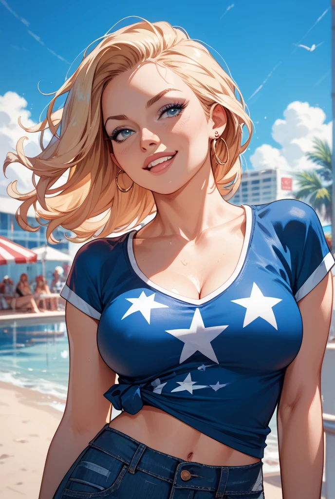 This is an image of a cartoon woman in a blue and white striped bikini.
