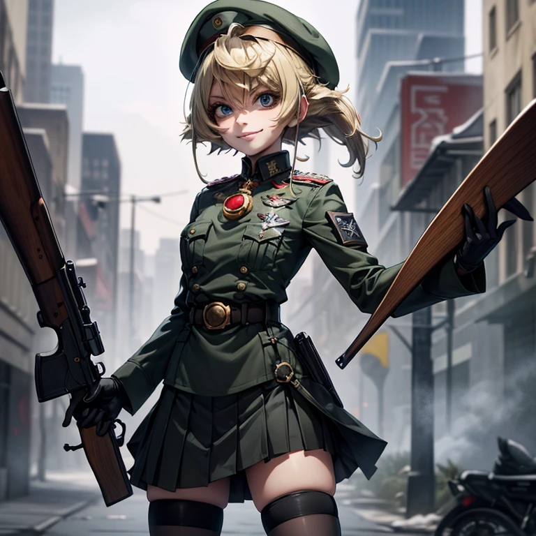 a 20 yo woman、a blond、A smile、turned around、(hi-top fade:1.3)、skirt by the、dark themed、Muted Tones、Subdued Color、highly contrast、(natural skin textures、Hyper-Realism、Soft light、sharp)、{{Masterpiece, top quality, highly detailed CG, unified 8k wallpaper, movie lighting, lens flare}}, 1 girl holding a rifle through the wall, wide view, thick body, long blonde hair soaring in the wind, green eyes, (holding a weapon, holding a rifle, aiming, aiming: 1.4), gun, h&k hk416, carbine, open fire, rubble, ruins of conflict areas, plumes, nitric smoke, blast waves, Flying bullets, sniper, 35mm, f/1.8, night