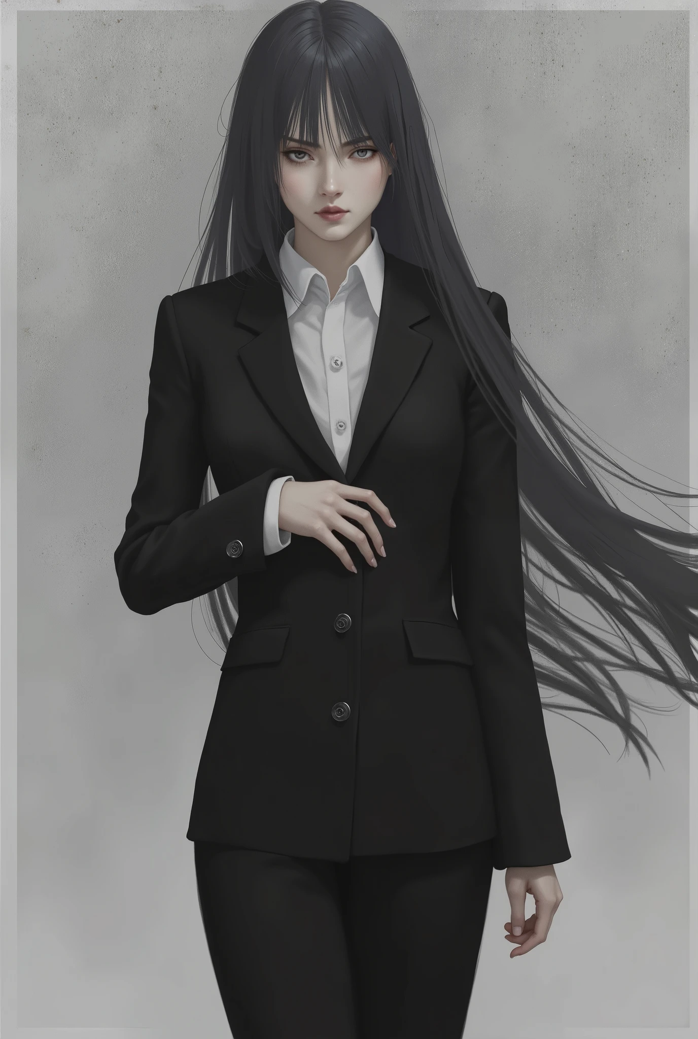 womanhood standing figure Aori black suit long black hair straight hanging eye sharp eyes gray eyes