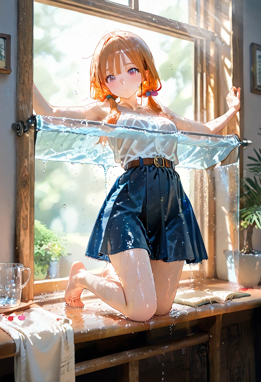 girl, blonde hair, unzipped shorts, pussy peek, pussy, no panties, sweat, sweatdrop, wet clothes, t-shirt, midriff, pussy juice, squirting, embarrassed, worried, horny, blushing, bare legs, slim, full body, barefoot, thigh strap, standing, tatami floor, small breasts, hand in pants