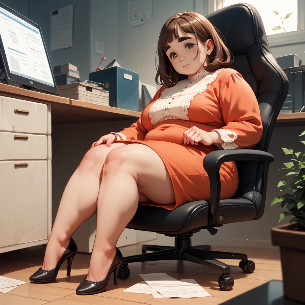 picture from below of a afro hair stand up smiling office girl without shoes, that shows her bare sole in front of the camera, showing a little bit of panty