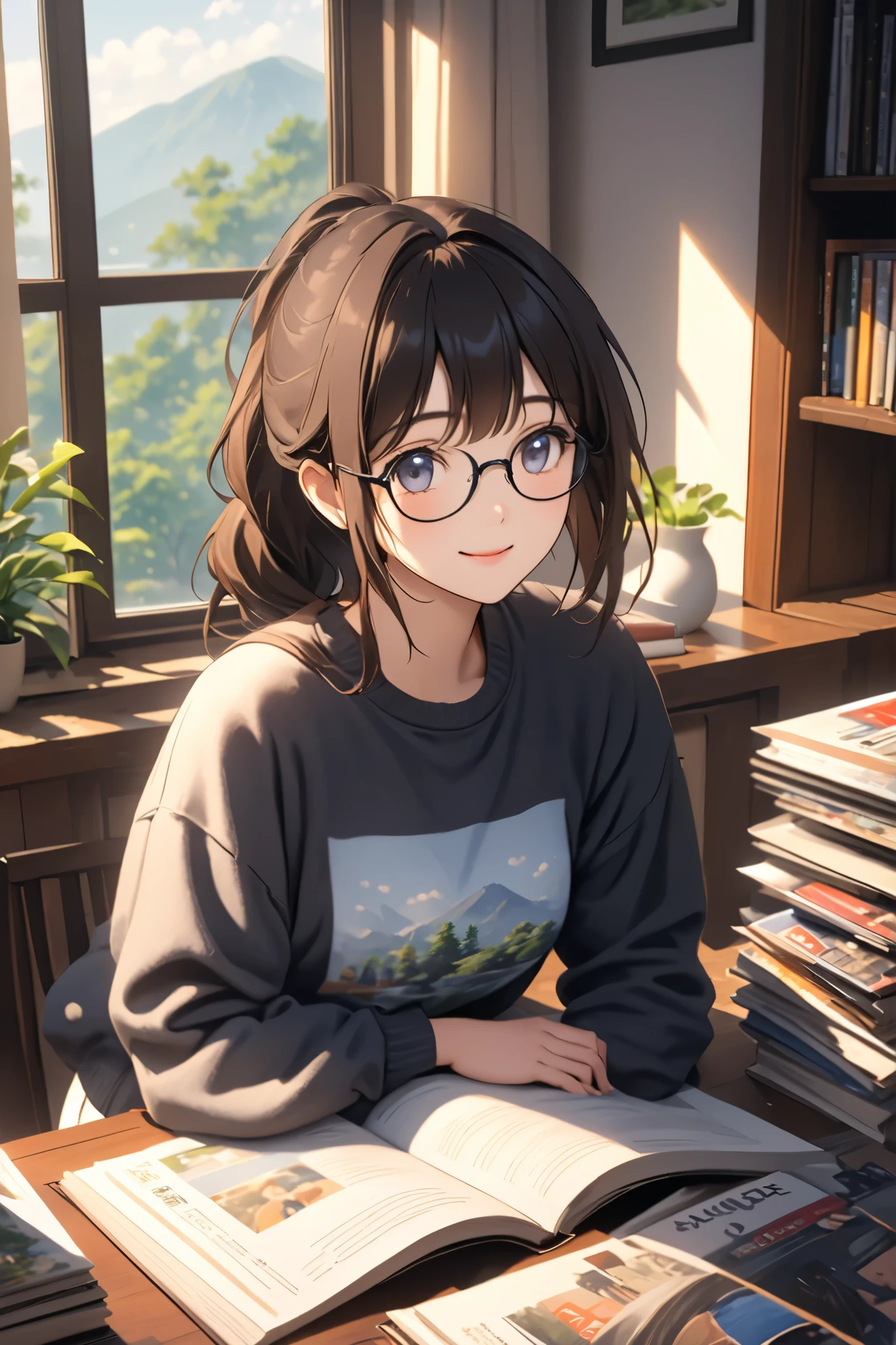 female college student wearing black-rimmed glasses,with a well-formed face,gentle expression,one's home、4K,hdr, studio lighting,Focus on Details,beautiful,Soft colors,calm atmosphere,realistic texture,natural light,portrait、 look at the book、Wear top and bottom large sweatshirts、Outside the window is surrounded by nature、Various magazines are scattered around the room、Smiling