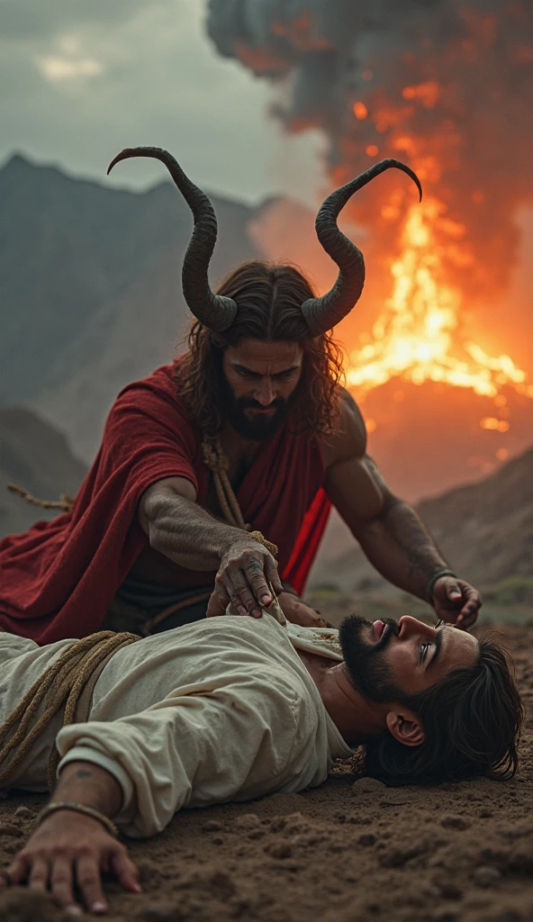 Jesus crist cry felling pain  with sex pack , one leg are fracture , bandage on legs ,swelling whole body , walk on road , support by devil  girl staff nurse .whose body is red 