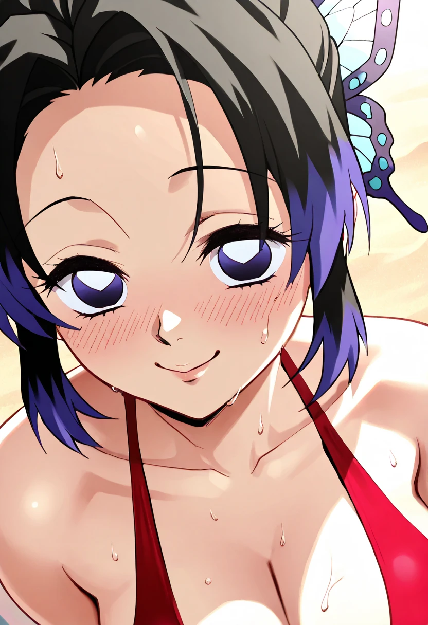 masterpiece, best quality, tsugumi seishiro, looking at viewer, very small breasts, upper body, portrait, seductive smile, put your hands behind your head, armpits, armpits visible, sweaty armpits, wearing blue bikini, on beach