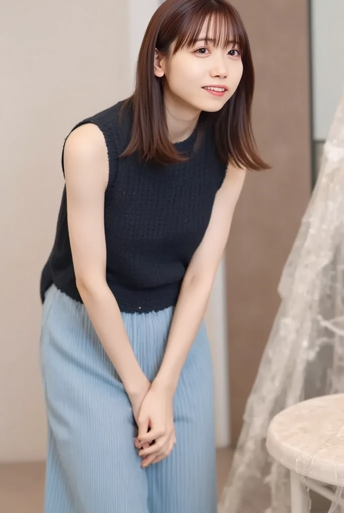 (8K, RAW Photos,Highest quality, High resolution:1.1), (Ultra-realistic:1.4),(Realistic:1.4), Realistic Face,Realistic Body,Realistic Skin,masterpiece,(cute:1.8), cute子たち, Detailed black eyes,Innocent eyes,Cinema Lighting,Film Grain,jewelry,Earrings,((Medium Hair:1.1)),Cherry-colored lips,Hair Ribbon,ponytail,Look Viewer,Long Hair,,Open your lips,Upper teeth, (Smiling Eyes:0.6),((Grin:1.3)),Blurred Background, Eye focus , Bokeh,young, 85mm lens,young,Portraiture,Photon Mapping,Radio City,Physically Based Rendering,Asian,(Knitted dress:1.3))