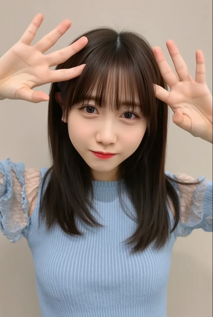 (((upper body shot))),Ultra-high resolution,big eyes,((brown eyes)),Japanese,(forehead),(a girl),(1 girl),((18-year-old)),cute,pretty,((facing at viewer)),arms behind back,grin,(((black shirt)))
