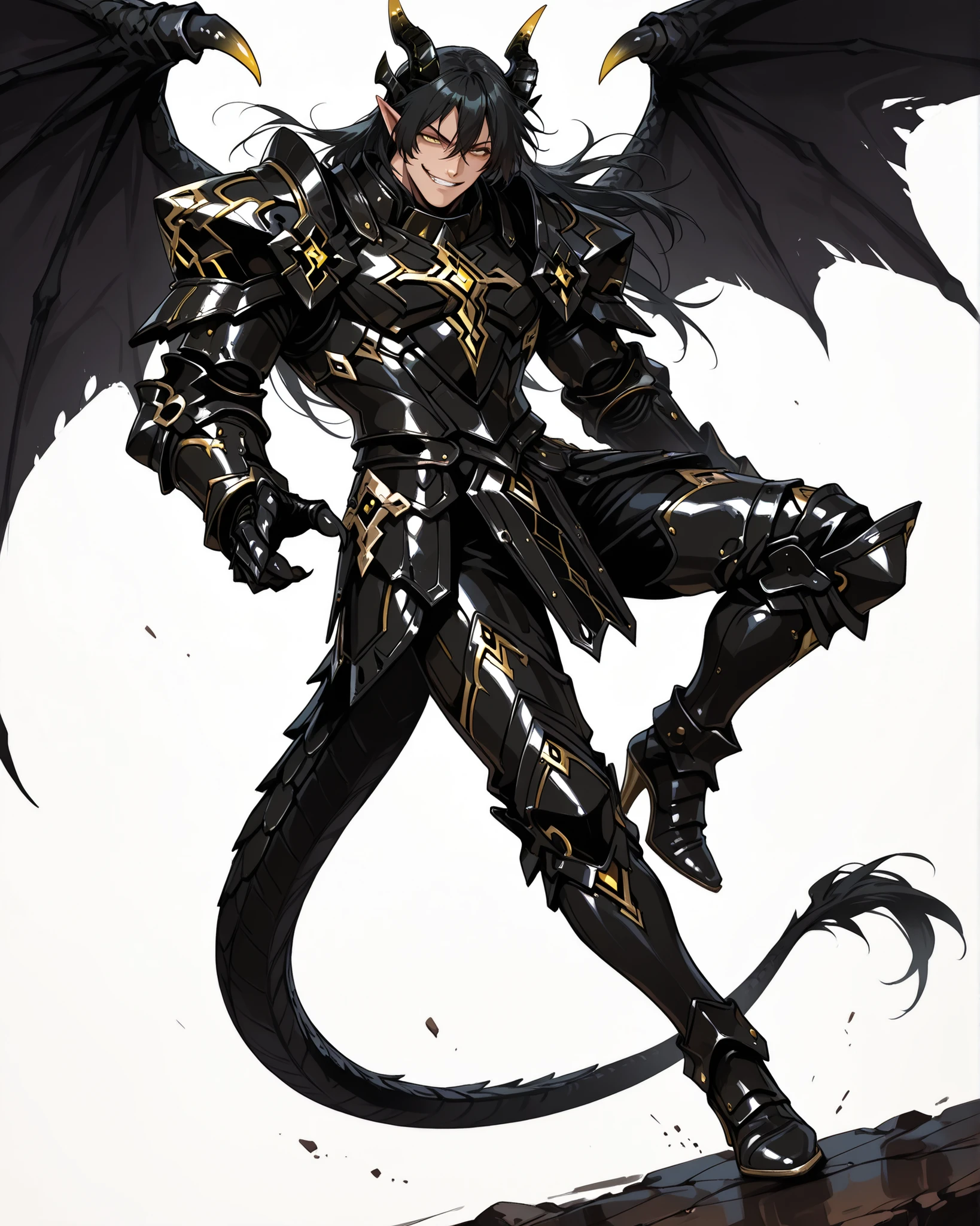 score_9, score_8_up, score_7_up, absurdres, 128K Ultra High Resolution, (masterpiece, best quality: 1. 5), high definition, highres, 8K wallpaper, CG, (((Anime))), (1 male), solo, lean body, (masculine), (floating in the air), weredragon, japanese anime style, glossy black, shiny black leather, ((beautiful golden eyes, finely detailed eyes, bright eyes, vertical iris)), hair between eyes, black hair, long hair, sideburns, wild hair, unkempt hair, (sly grin, smirk, evil smile), teeth, confident, ((ultra detailed face)), shiny skin, long pointy ears, twisted torso, long-legged, sculpted face, wasp waist, dragon horn, dragon tail, dragon wings, dragon sharp claws, (black armor with a lot of grandiose decorations), half dragon half human, dramatic angle, (dynamic pose, combat pose: 1. 5), ((ultra detailed black armor)), black armor with gold accent, all black outfit, full body, emphasize face, focused expression, sharp focus, good-looking man, well-polished black armor, (best illustration), cinematic, dramatic lighting, (intricate detail, extreme detailed, super detailed: 1. 5), ((highly detailed artwork)), dramatic shadows, tenebrism, wonderful pose, chiseled features, stark contrast, heavy shadows, detailed black decorations, beautiful and aesthetic, photoreal, from side, (mysteriously crafted black metal armor: 1. 5), sparkling accessories, thick and luxuriant hair, ((ultra detailed fantasy black armor)), dressed in black, broad shoulder, true-to-life visuals, artistically refined, dramatic contrasts, ((extremely delicate and beautiful armor, elaborate armor details)), ((dark armor, stylized armor)), exquisite goldwork, wonderful black armor, armor with intricate engravings, ((armor-type high heels)), ((detailed shoulder armor with intricate engravings, gold accent black armor)), very gorgeous and dazzling, ((dark fantasy black knight)), slim waistlines, wide chested, sinewy body, (((Hyper Detailed & Perfectly Designed Black Armor))), (simple white background), windy