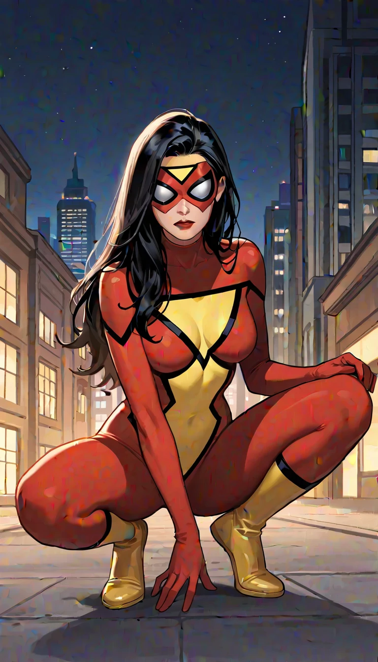 Jessica_Drew_aiwaifu, heroic pose, large breasts, taught latex costume, squatting on a corner of the roof of a building, new york city, night time, bodypaint, eye mask,