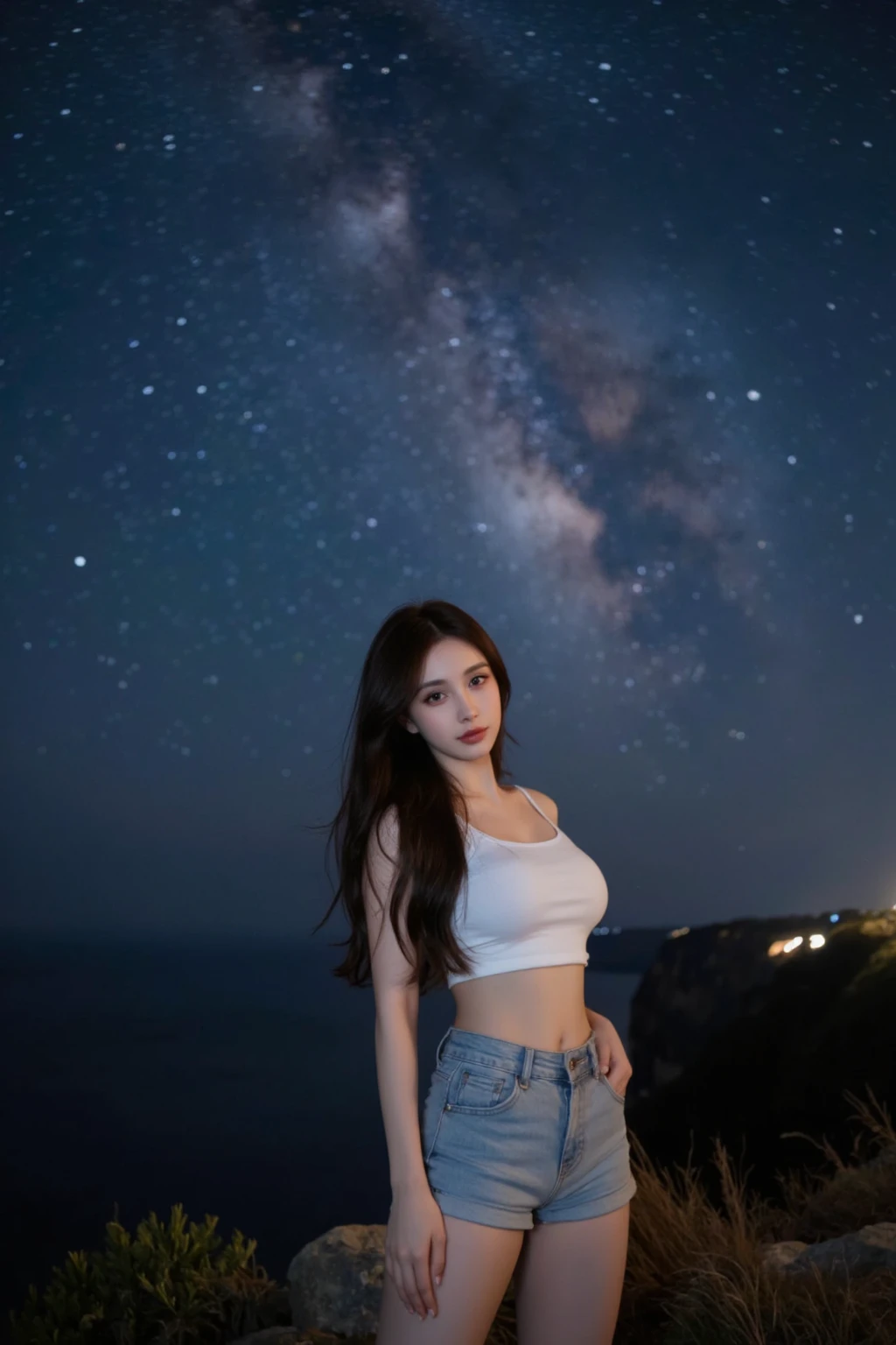 Display your body line beautifully on the rocky surface of an unknown planet,full bodyesbian、face perfect、Amazing eyes、vibrant detail、(highdetailskin)、(dark)、Aurora、(back lighting:0.5)(super detailing)、foco nítido、soft colours、8K、consciousness、8mm film food、war photography