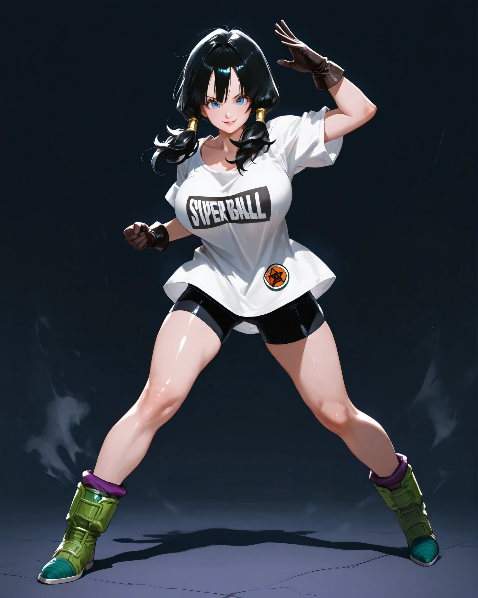 closeup, Sluisap, eyes、usnr、GBF_style、748cmstyle、32K、Semi-realistic、 super detailed description 、Artwork、Original Works、 detailed color、 detailed eyes、 detailed lips 、 The Greatest Masterpiece、Professional work、Big Breasts、 sexy、 Dragon ball z character, Videl , Videl (Videl:1.3 cosplay ) , dark background , cowboy shot, , full frame , full length , shiny body, sexy ,( full body view1:3), wearing loose-fitting, short-sleeved white t-shirt, black gloves , Black spandex shorts, Green and purple boots with blue soles, standing, action pose , full body view , (black hair color:1.3) low pigtails , blue eyes color , normal breast , looking at the viewer , smile