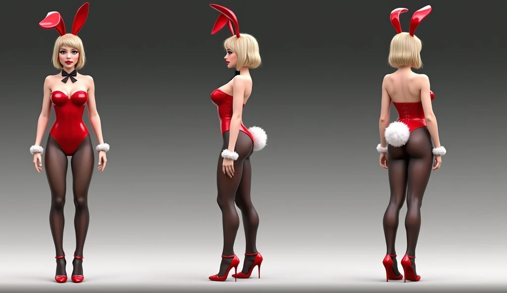 chara-sheet, full body, chara-sheet, side view, profile view, front view, turnaround, multiple views, standing straight, m1tsuk1, solo, red eyes, short hair, blonde hair, bunny suit, milf, mature female, older female, fit, model
