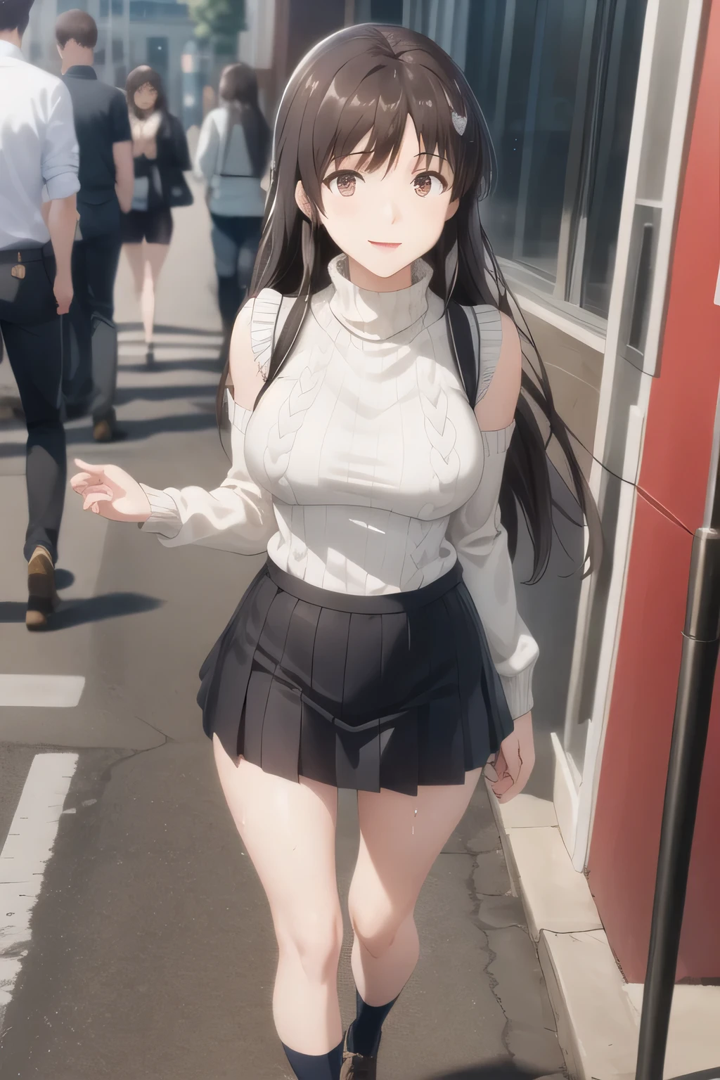 sleeveless sweater,a woman with long dark hair ,nice smile,The face is absolutely necessary,accurate representation of hands and feet,,my nipples are sharp、 areolas can be seen through ,My whole body is soaked in heavy rain,Black wool sweater without sleeves,Hide your chest with a costume,High socks on my feet,accurate representation of hands and feet,A police officer , ,nice smile,Beautiful Legs,High socks on my feet2本,,nice smile,The face is absolutely necessary,Pleated Mini Skirt, ,walking alone, city tour ,,(((, wear casual tourist style clothes))), ,(Let's draw a more delicate look),(sleeveless wool sweater),( Pleated Legs,white panties),(That work is enough for one person )、 , Attractive 20 year old woman , , , Big breasts, Thin Waist , , ,Faces are very important,Animated CG,
