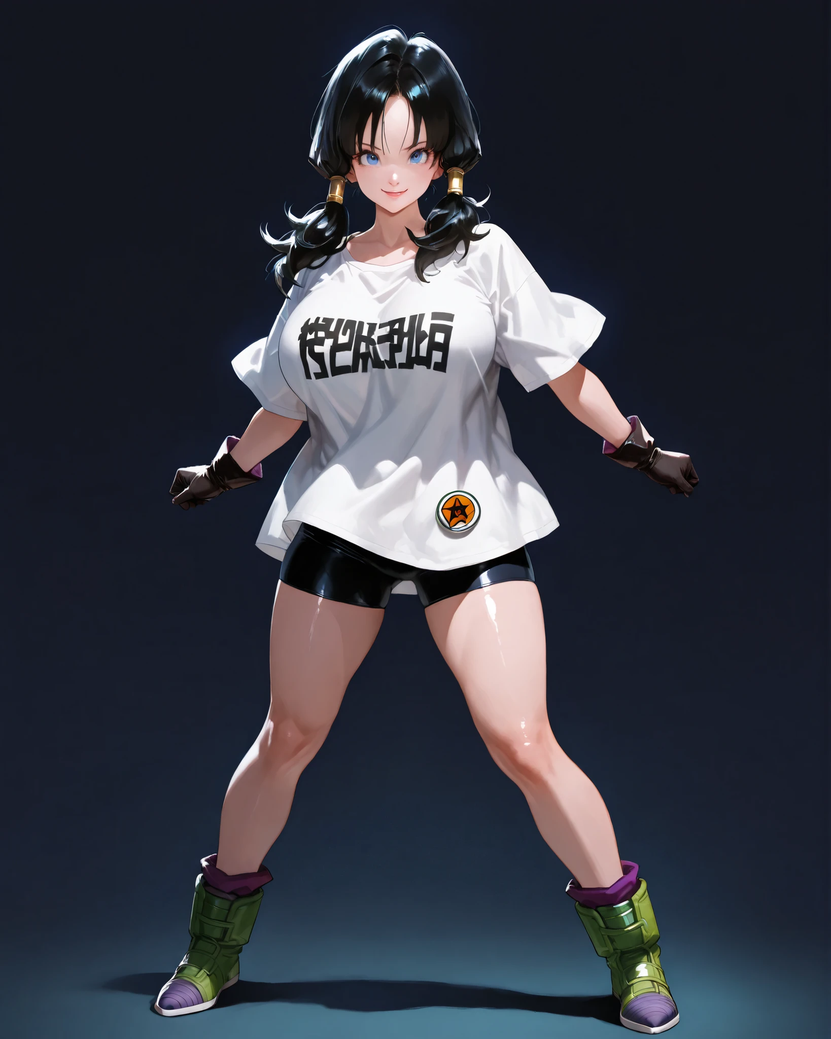 closeup, Sluisap, eyes、usnr、GBF_style、748cmstyle、32K、Semi-realistic、 super detailed description 、Artwork、Original Works、 detailed color、 detailed eyes、 detailed lips 、 The Greatest Masterpiece、Professional work、Big Breasts、 sexy、 Dragon ball z character, Videl , Videl (Videl:1.3 cosplay ) , dark background , cowboy shot, , full frame , full length , shiny body, sexy ,( full body view1:3), wearing loose-fitting, short-sleeved white t-shirt, black gloves , Black spandex shorts, Green and purple boots with blue soles, standing, action pose , full body view , (black hair color:1.3) low pigtails , blue eyes color , normal breast , looking at the viewer , smile