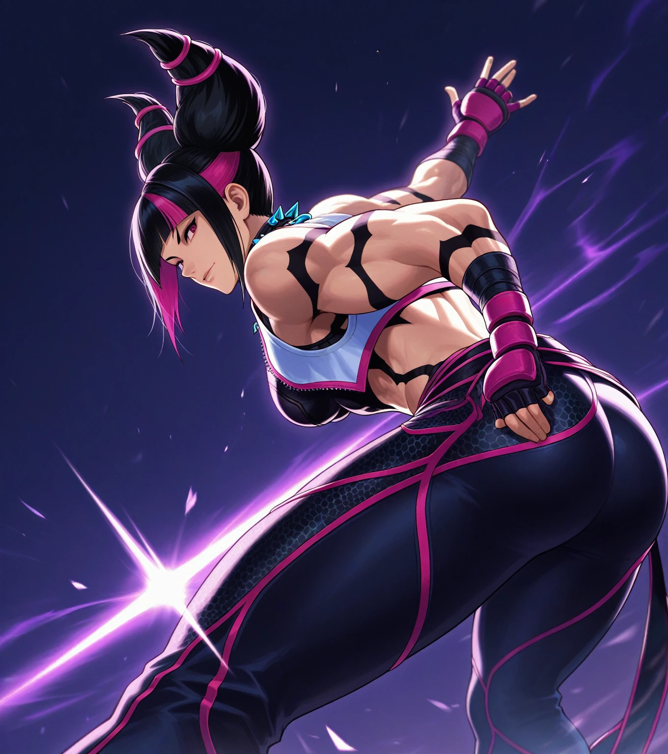 standing backwards,looking back,beautiful young fitness woman with , in a gym wearing May with black pantyhose, white and purple gym jacket. standing alone,hair horns,bright purple eyes,Evil smile,legging preto aura roxa,super bright purple right eyes,whole body,beautiful curves,hands on waist
