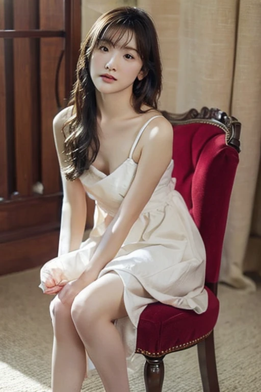 Beautiful 25 year old tall and slender woman。perfect legs. perfect face. She is fashion model. She is staying in the old classic church. She is wearing a wedding dress that a leg is visible. She is illuminated by sunset light. the evening church lights is on . her dark brawn hair. High resolution、masterpiece、highest quality、頭w:1.0、((Hasselblad Photos))、fine skin、(movie lighting)、clavicle . full body picture.