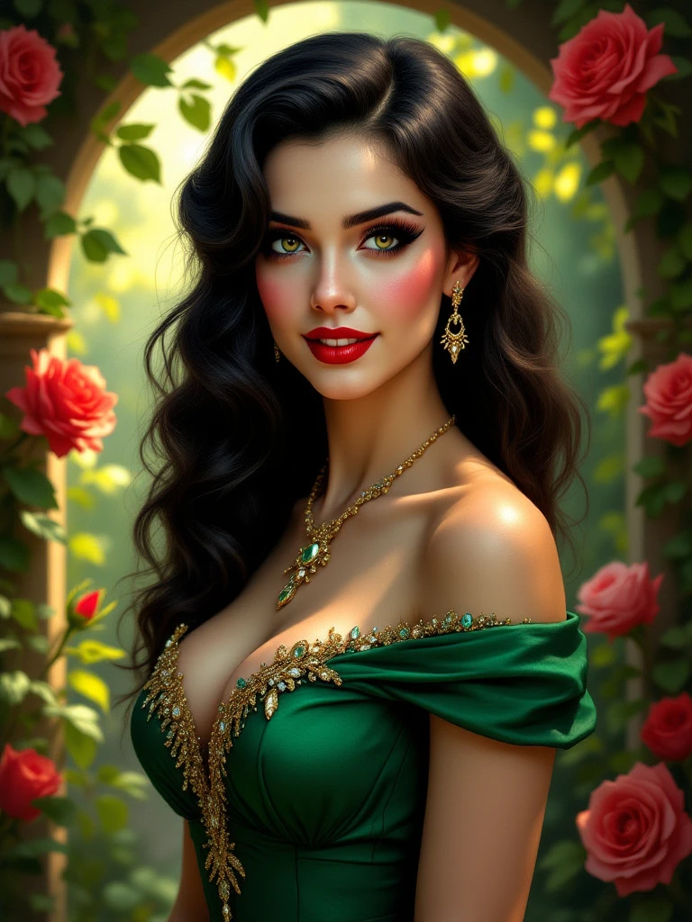 Beautiful girl, brunette, an oil painting, (((body from the knee up))), warm, slightly tanned skin, expressive face, crystal clear green eyes, detailed silliums and eyebrows, full red mouth, long curly black hair, dressed with the (((detailed and intricate black veil and dress in thin black tulle draped over the shoulders))), small bubbles of delicate iridescent and colorful crystals glued to the tulle and dress. Background splash of detailed studio lights, red flowers, (((incidental white light in the hair))), (((dynamic pose in studio))), image dazzles you with beauty, in the highest quality, mesmerize, 8k, UHD.