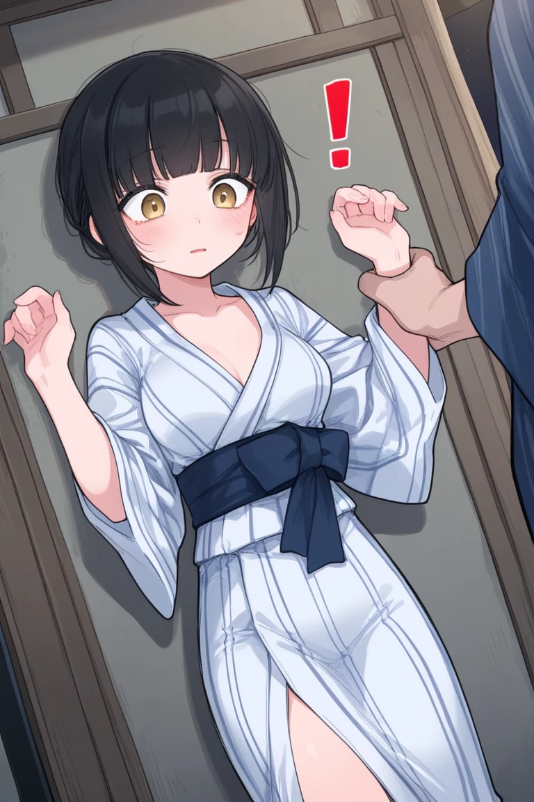 short bob, black hair, black eyes, slant eyes, round face, high teen, bad mood, kimono, open clothes, (intense sex:1.4), (sup right straddle sex:1.4), (hug:1.4), sweat, cum overflow, (looking side:1.4), show off nipple