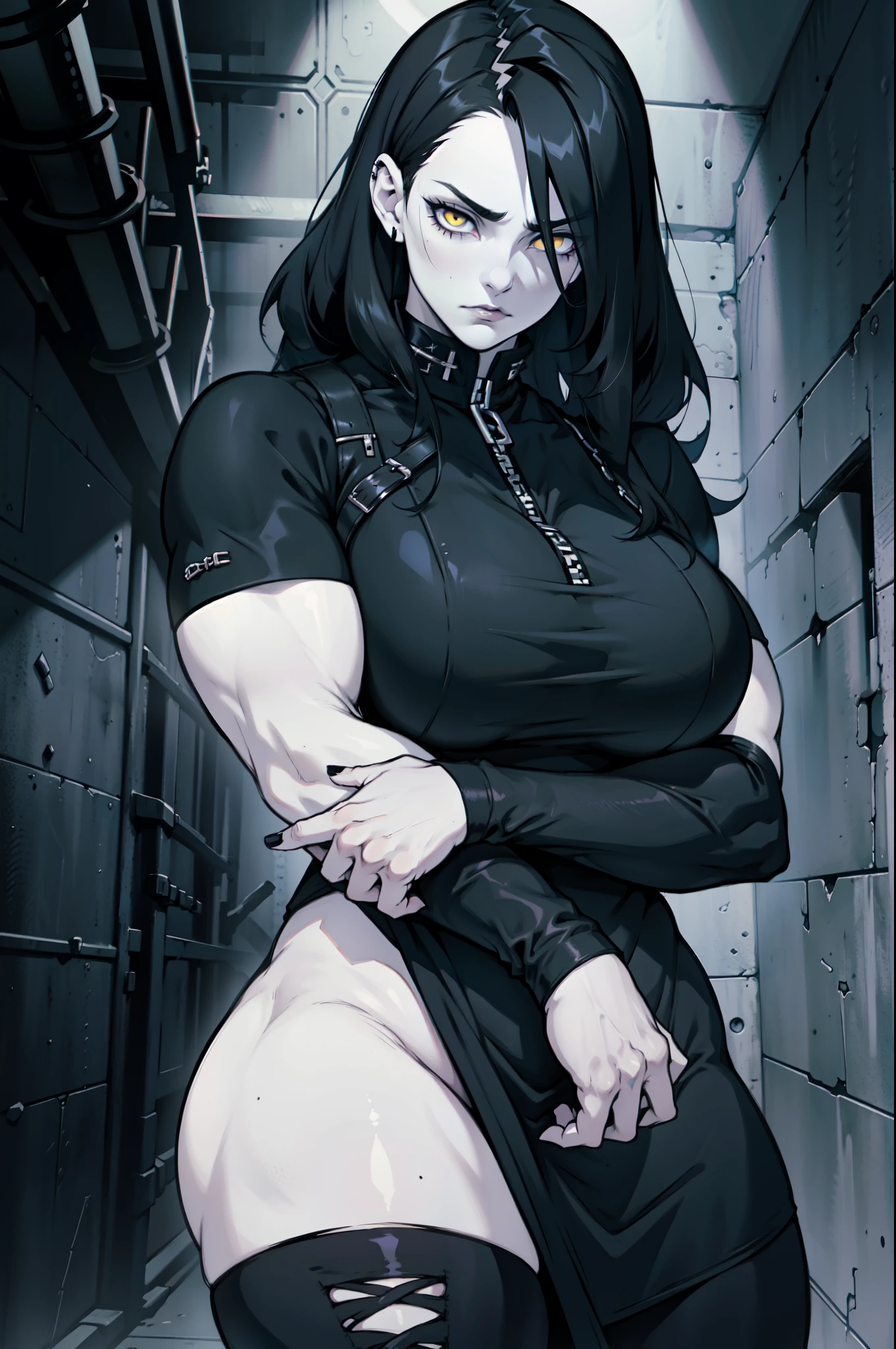 pale skin solo 1 girl black hair yellow eyes angry very long hair huge breasts bodybuilder dark atmosphere black lipstick dark atmosphere black lipstick 