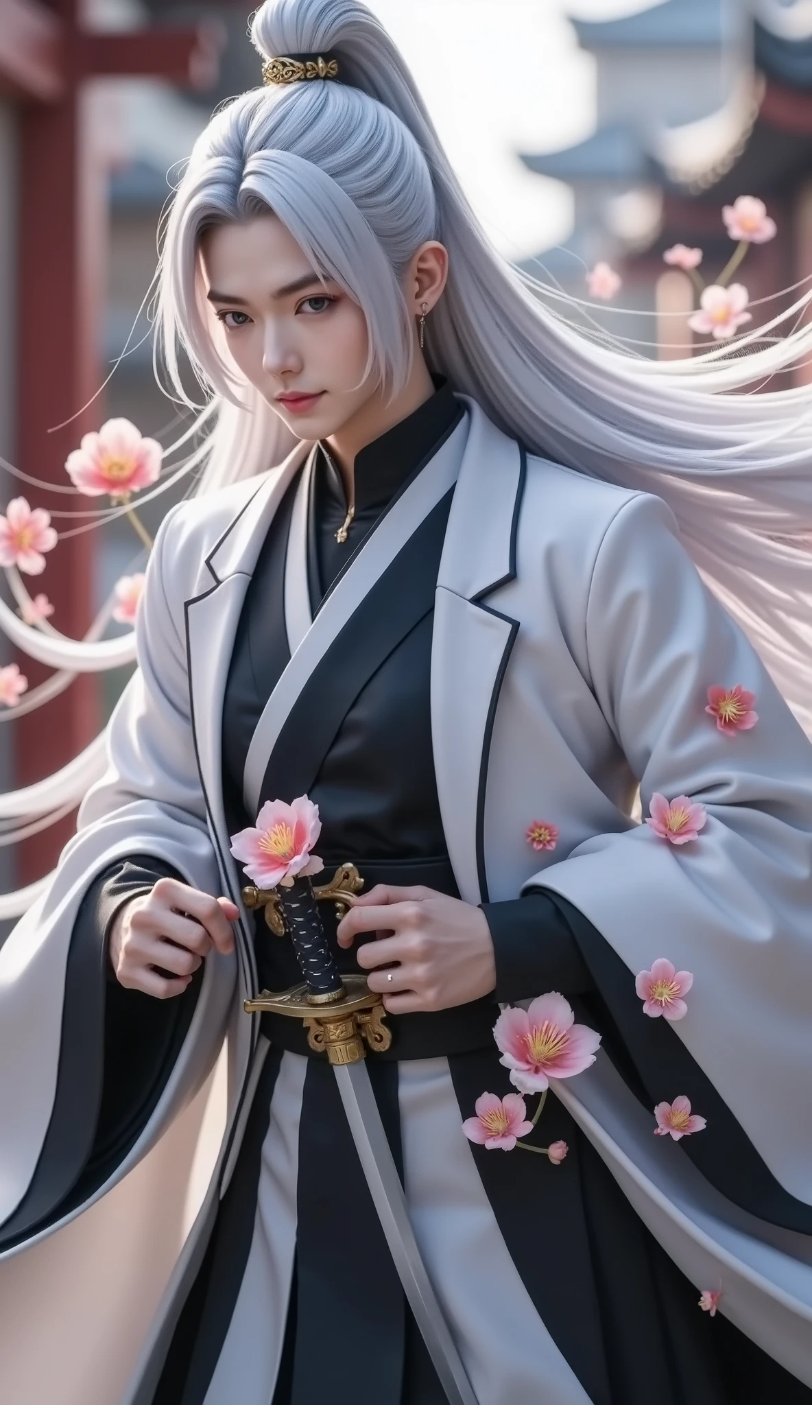 16K, 4K masterpiece, 3D best quality, highest quality, PVC material model, Touken Ranbu character, super HD, super details of Jiang Xue Zuowenzi character, male, he is tall and radiant, with long snow-white silver hair, long hair flowing in the wind, calm and confident, showing a strong charm, holding a samurai sword, Zuowenzi sword style, dancing in the wind with flowers, YouTube art thumbnail, stunning visual effects, each element is carefully rendered with realistic precision, a masterpiece, full of vitality.
